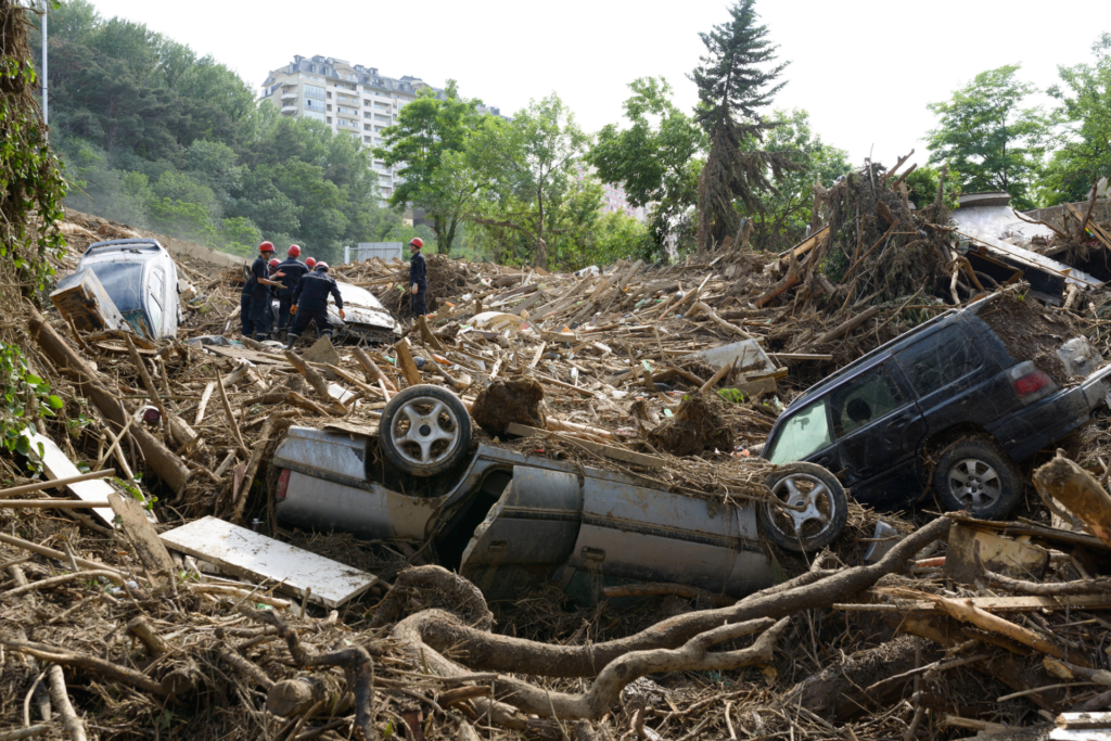 Flooding with cars A Scene of roots and twistred wood, with upside down cars after a flood.